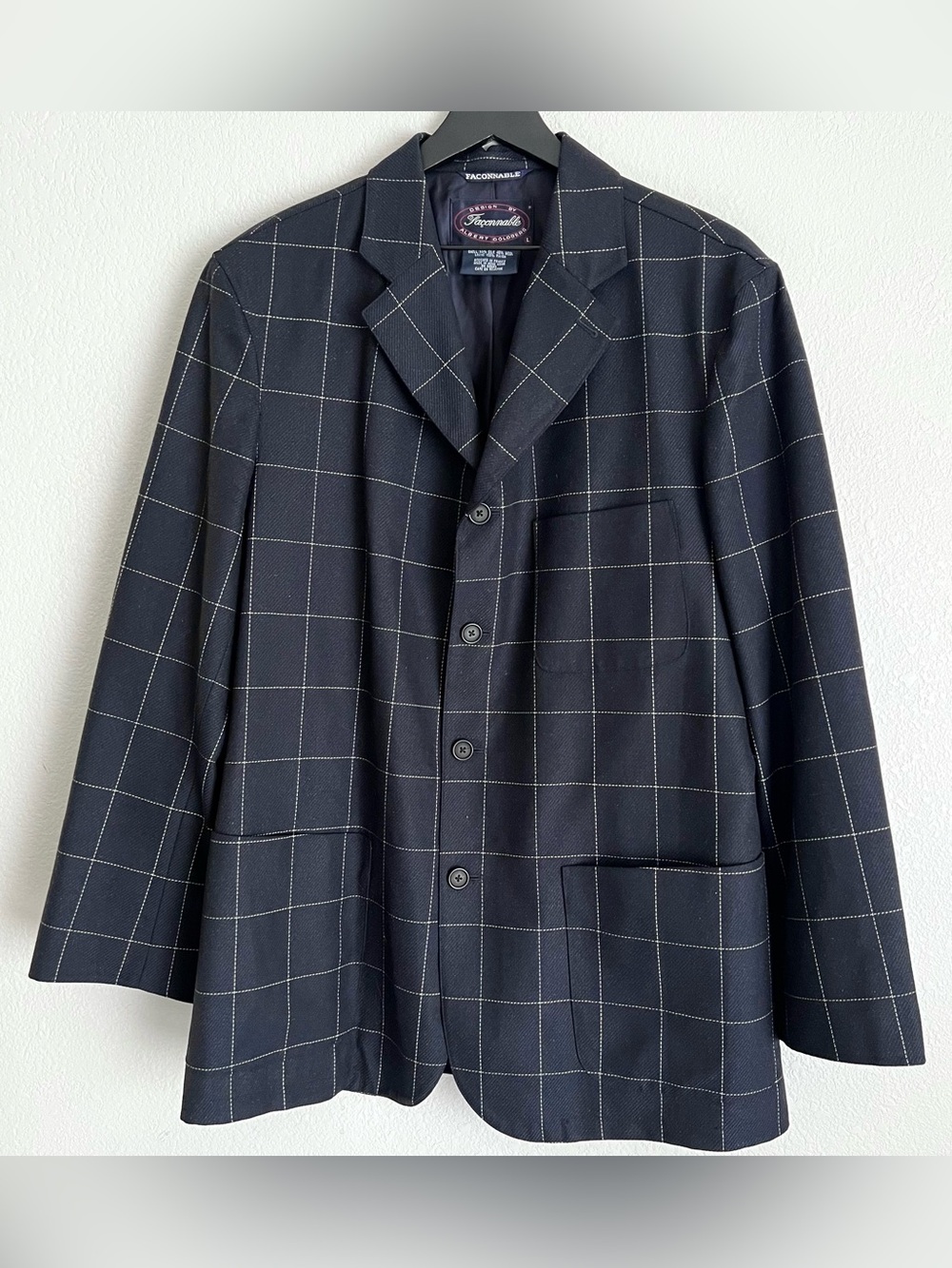 Faconnable Men’s Wool Windowpane Plaid Coat Size L Navy